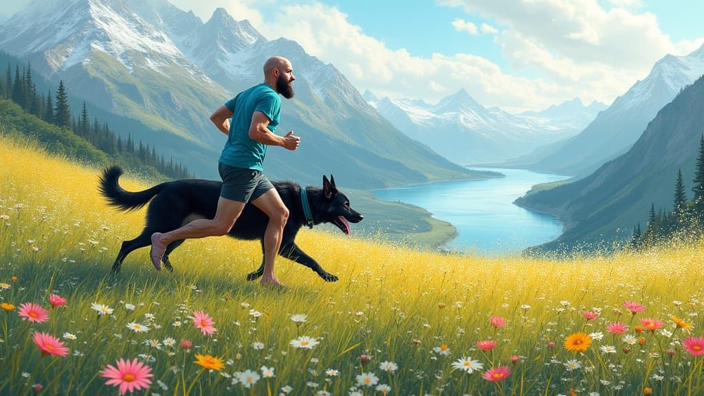 Bald Runner and Dog in Sparkling Alpine Meadow