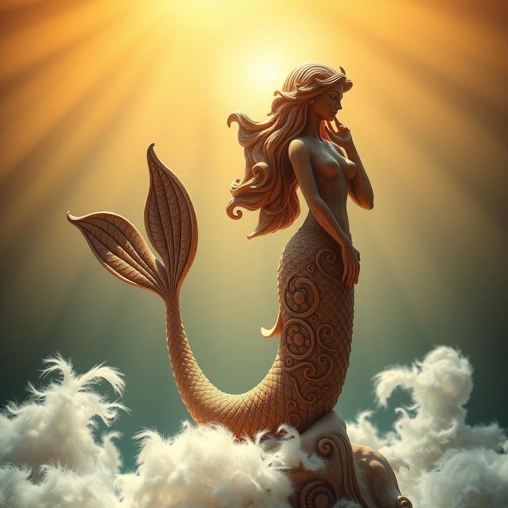 Intricately Carved Wooden Mermaid with Ornate Tail