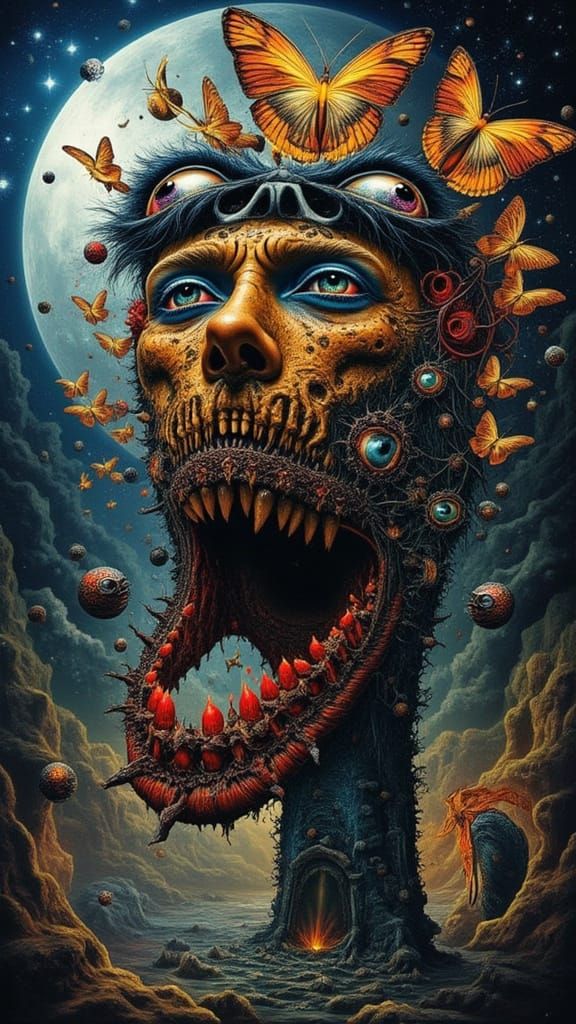 Surreal Dreamscape: Man Mutation with Peacock and Fractal Fa...