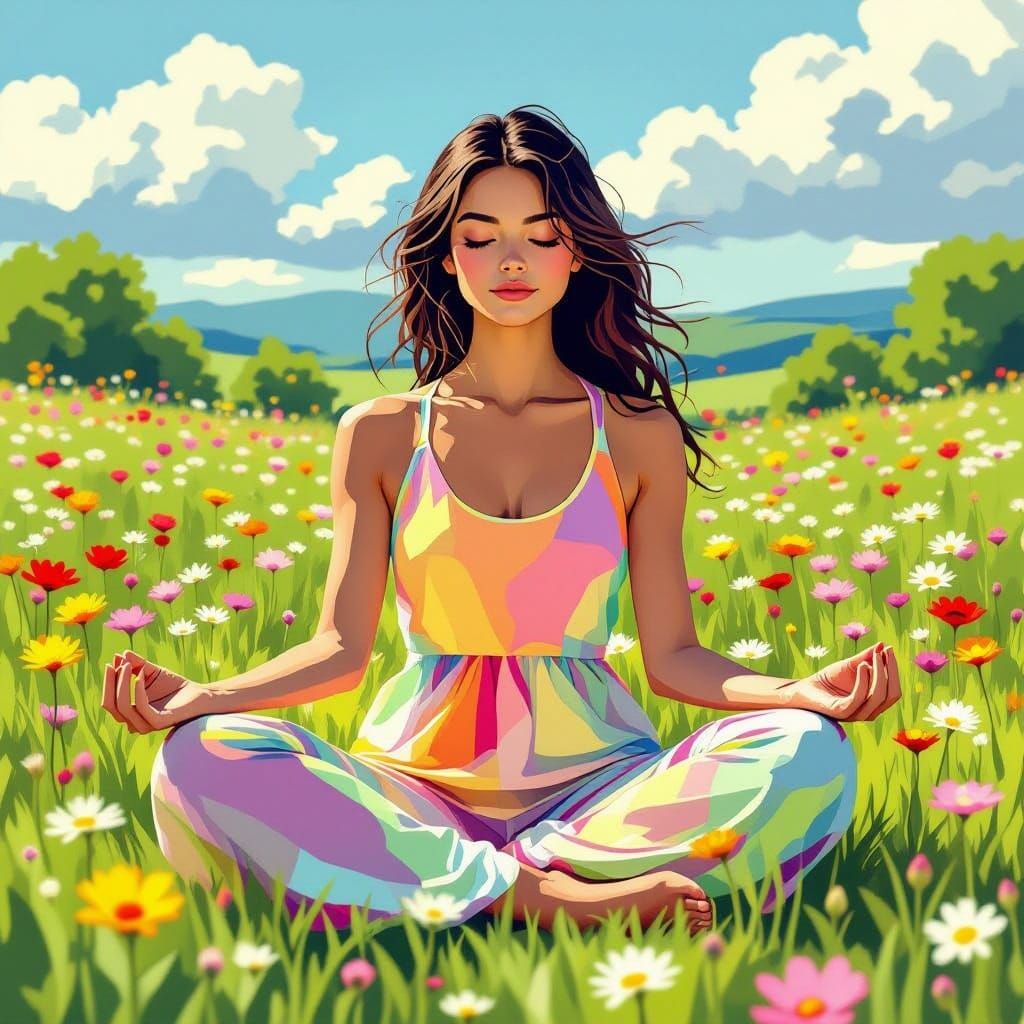 Surreal Cubist Goddess Practices Yoga in Vibrant Spring Mead...