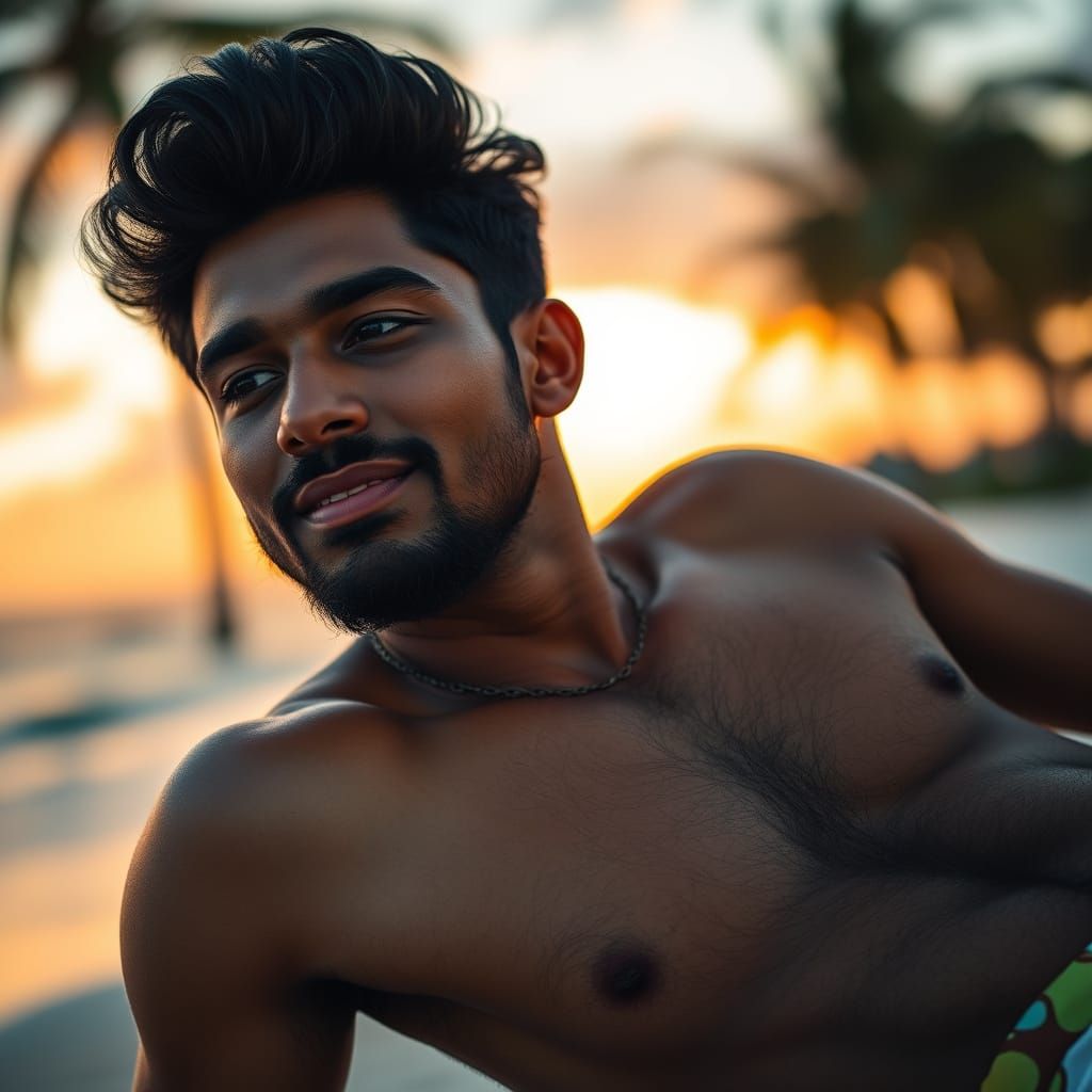 Dreamy Indian Man on Beach at Sunset