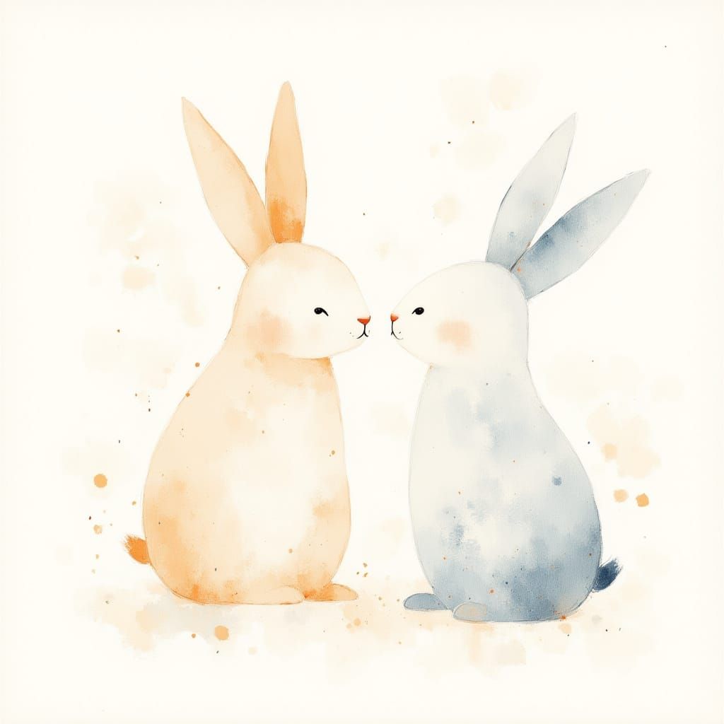 Minimalist Watercolor Rabbits in Soft Pastel Oil Style