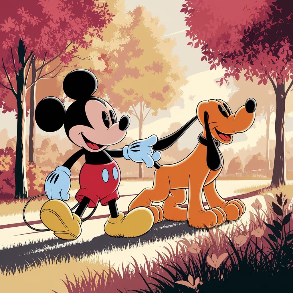 Mickey Mouse and Pluto in a Serene Park, Intricately Detaile...