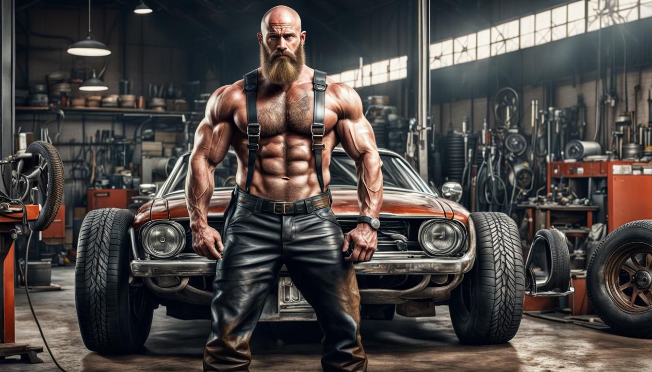 Hyperrealistic Car Mechanic with Pierced Chest in 8k