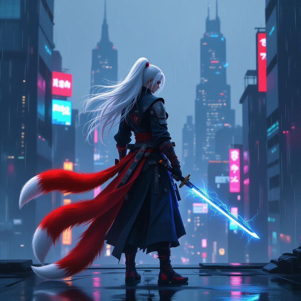 Cyberpunk Samurai Warrior on Neon Rooftop