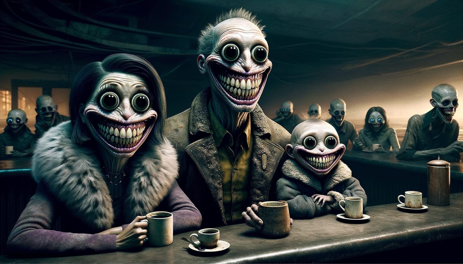 Eerie Gothic Family in Post-Apocalyptic Bar