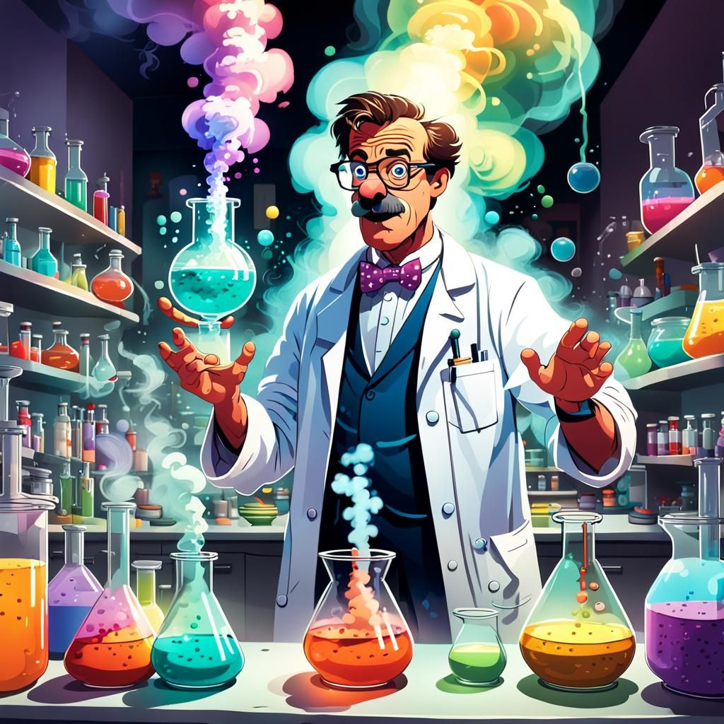 Bumbling Scientist in Retro Cartoon Chaos