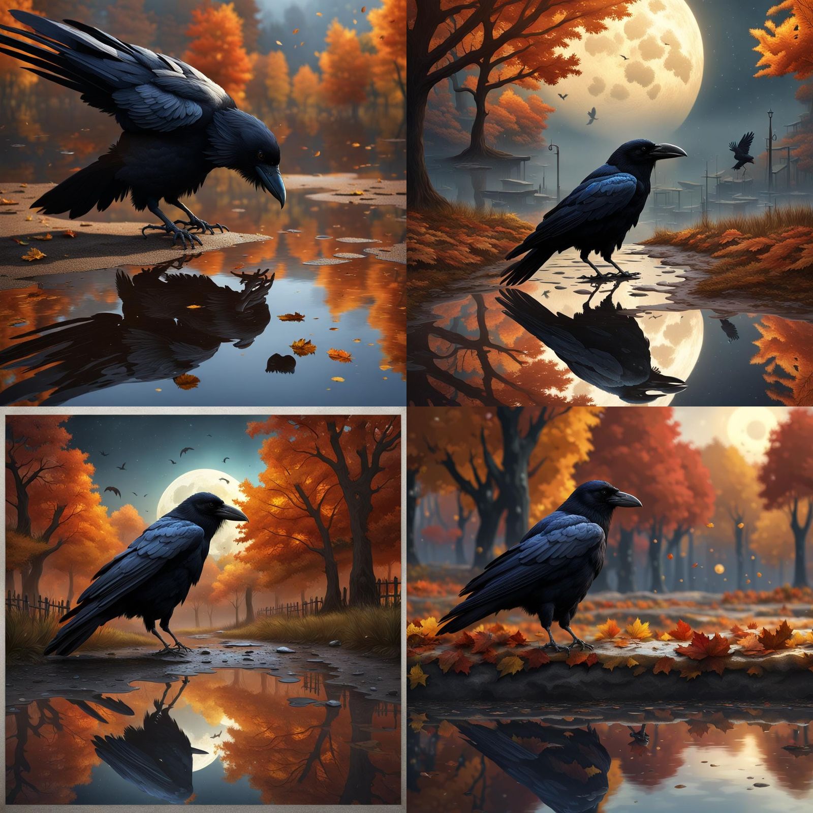 Crow Reflection in Autumn Puddle, Matte Painting