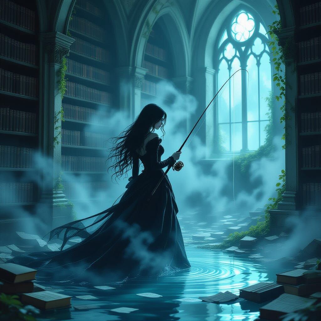 Gothic Fantasy Woman in Ruined Library by Moonlight
