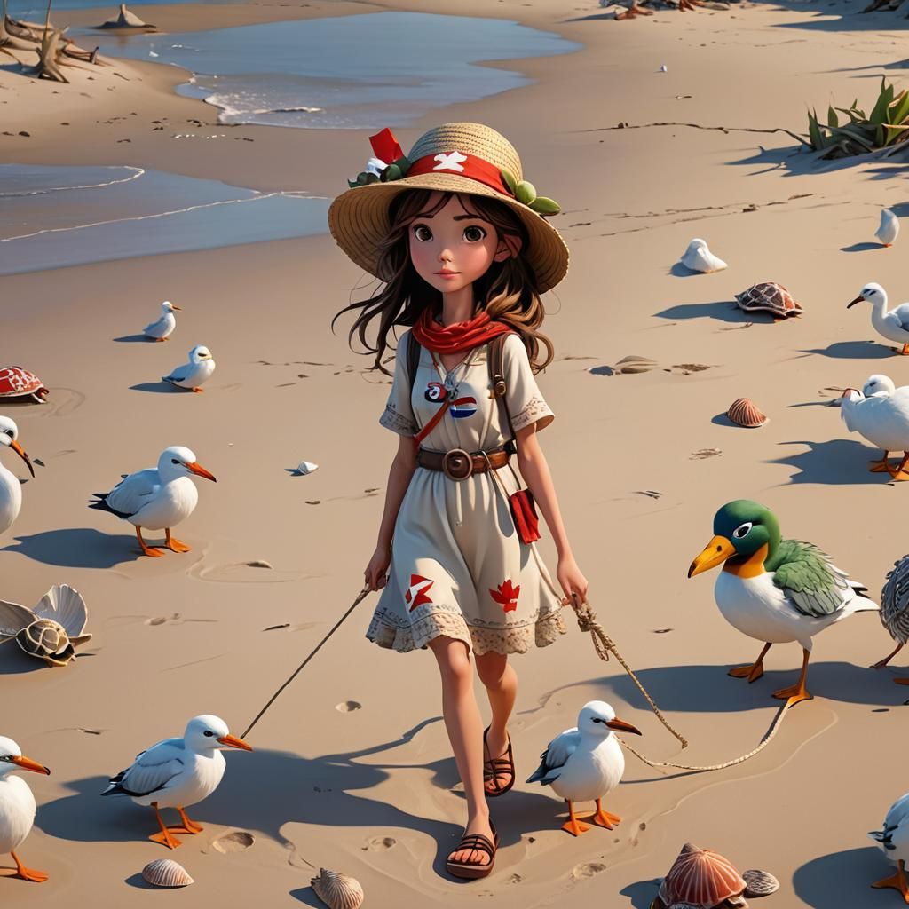 Girl on Beach with Canadian Flag Dress in 3D Disney Style