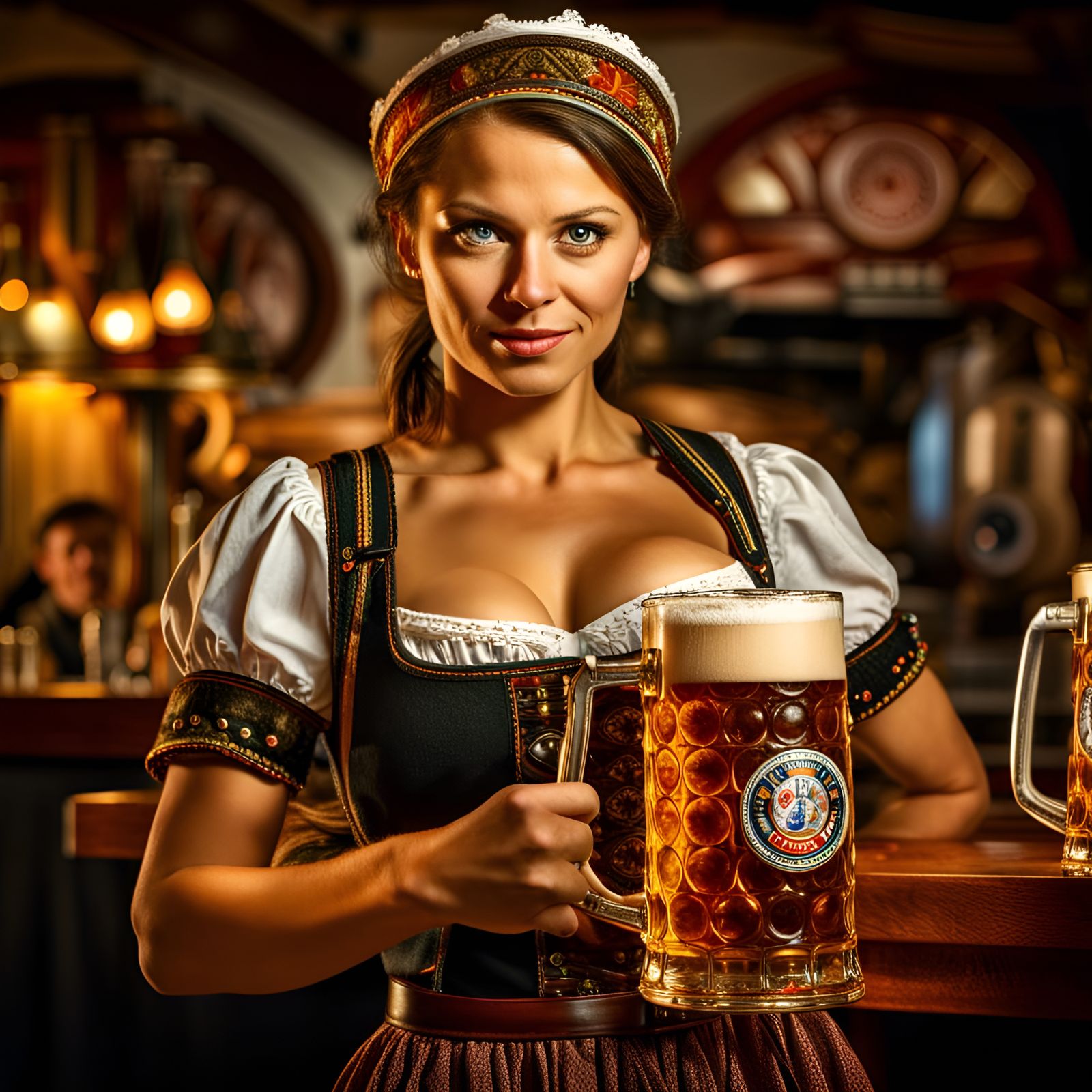 Oktoberfest Barmaid with Beer in Hyperrealistic Style