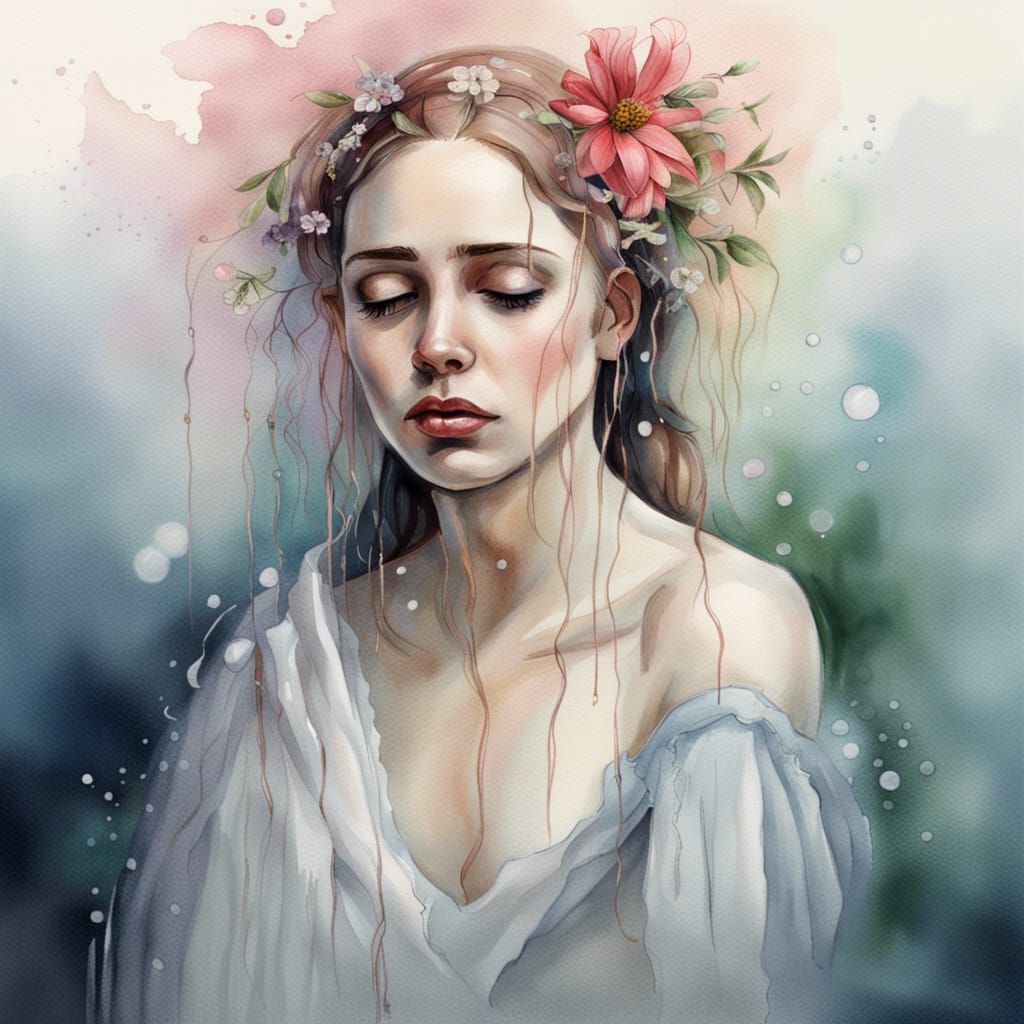 Sad Spring Queen Watercolor Portrait