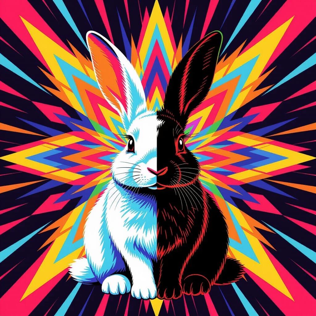 Colorful Glitch Art Rabbit in Geometric Pop Art Style