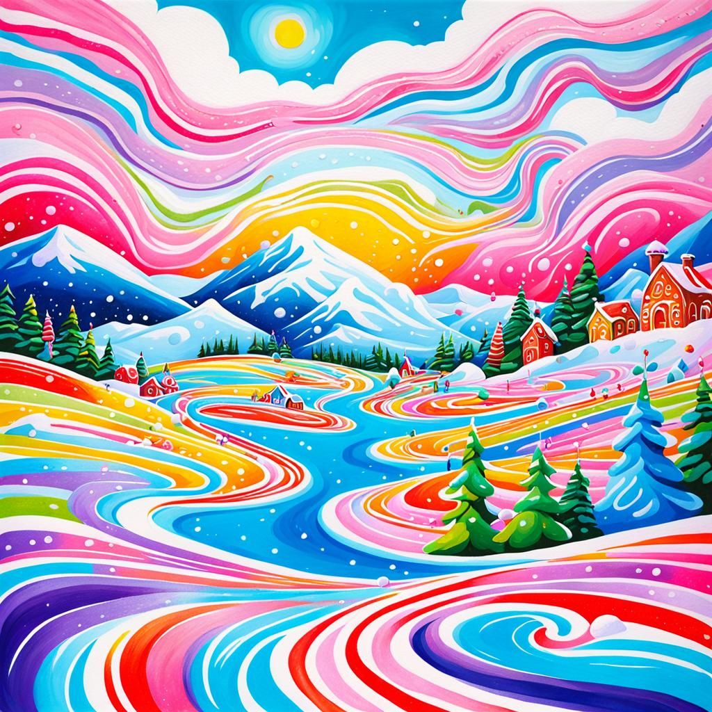 Colorful Candyland Snowscape Gouache Painting