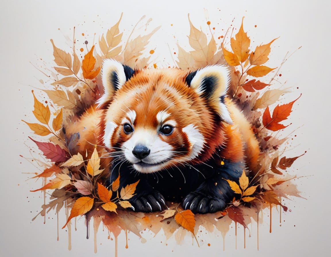 Red Panda Cub Resting in Autumn Leaves