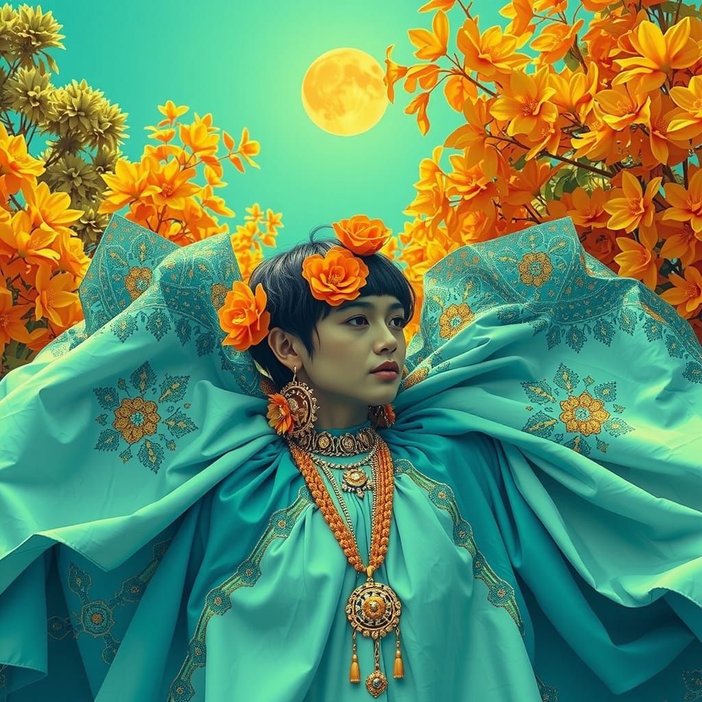 Psychedelic Garden Dream with Bold Colors and Cosmic Mystery