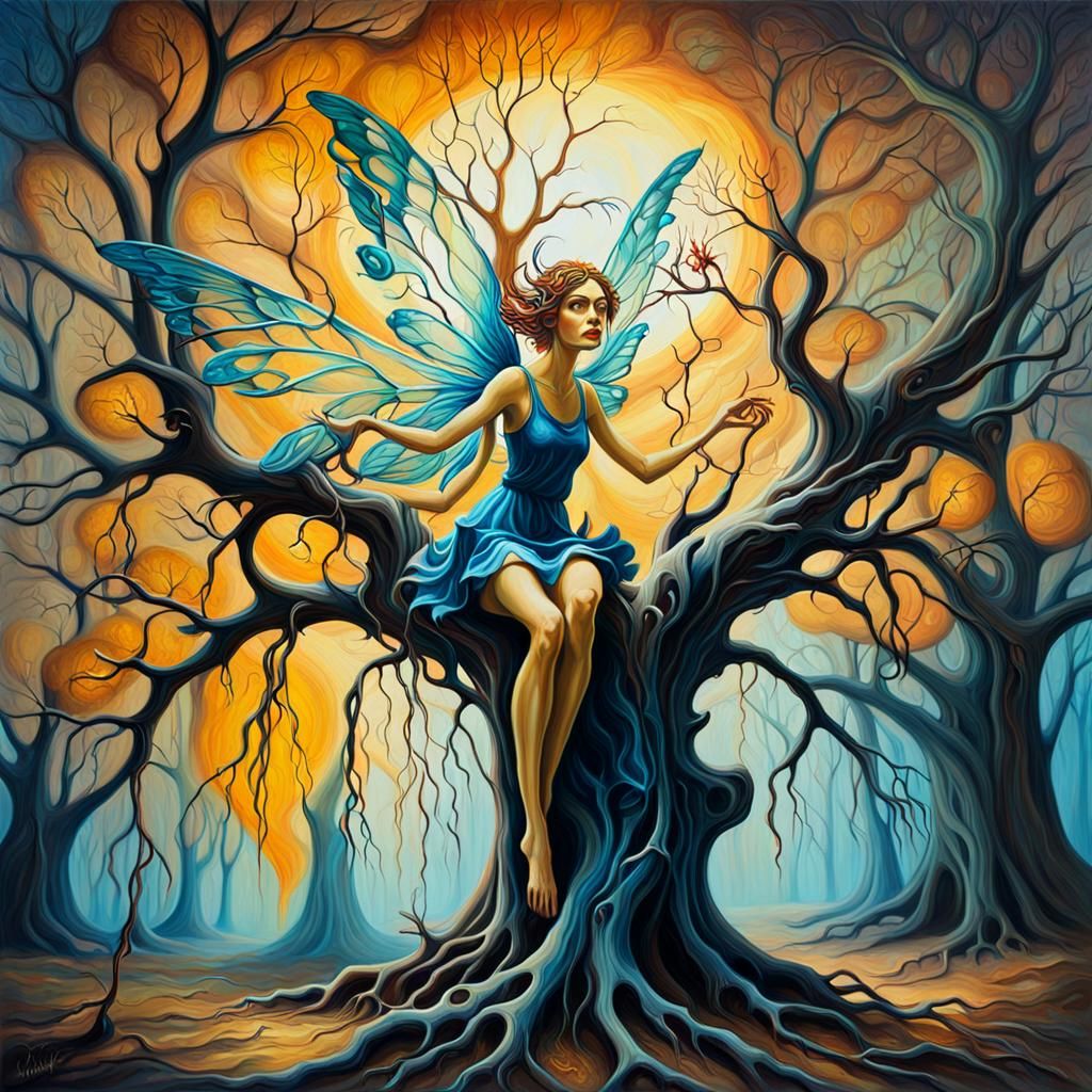 Mischievous Fairy in Surrealist Melting Forest
