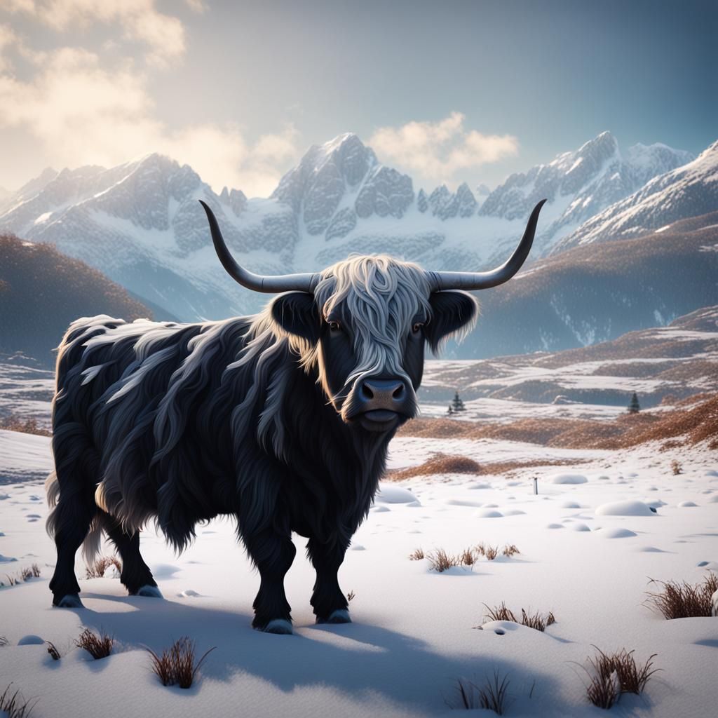 Miniature Highland Cow in Snowy Mountain Landscape