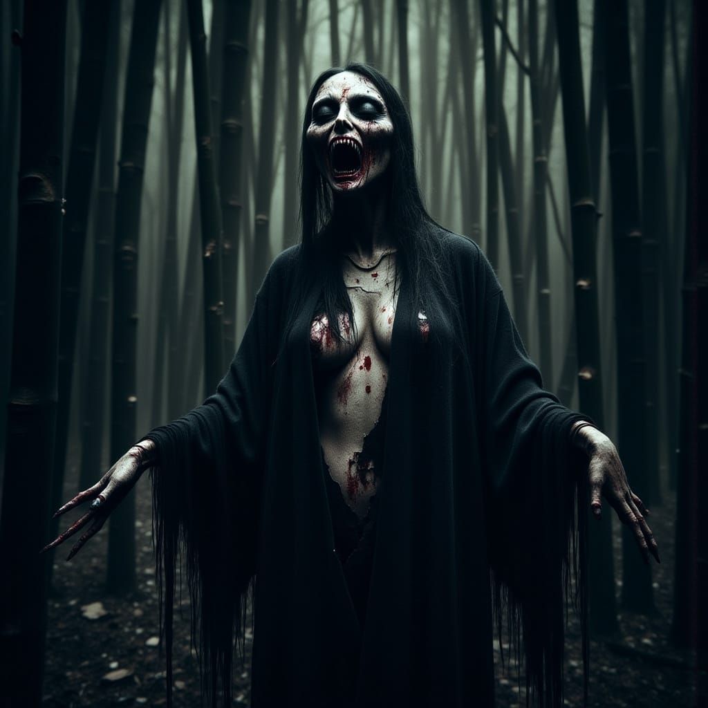 Rokurokubi in Dark Bamboo Forest at Night