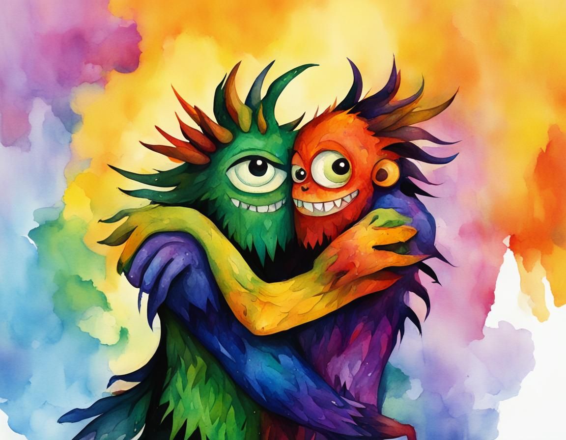 Watercolor Monsters Hugging in Abstract Forest