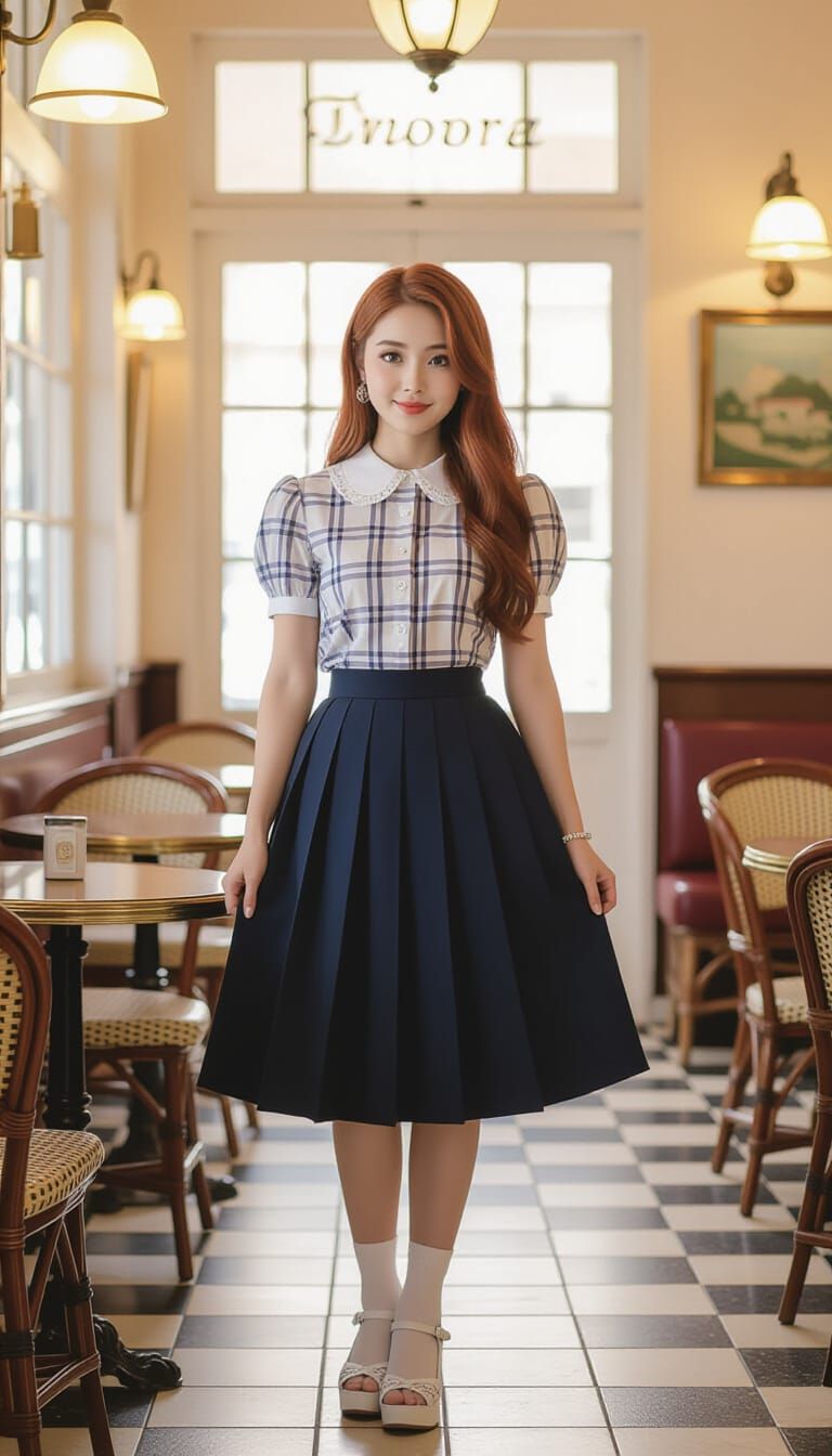 Young Woman Posing in French Cafe, Hyperrealistic Photograph...