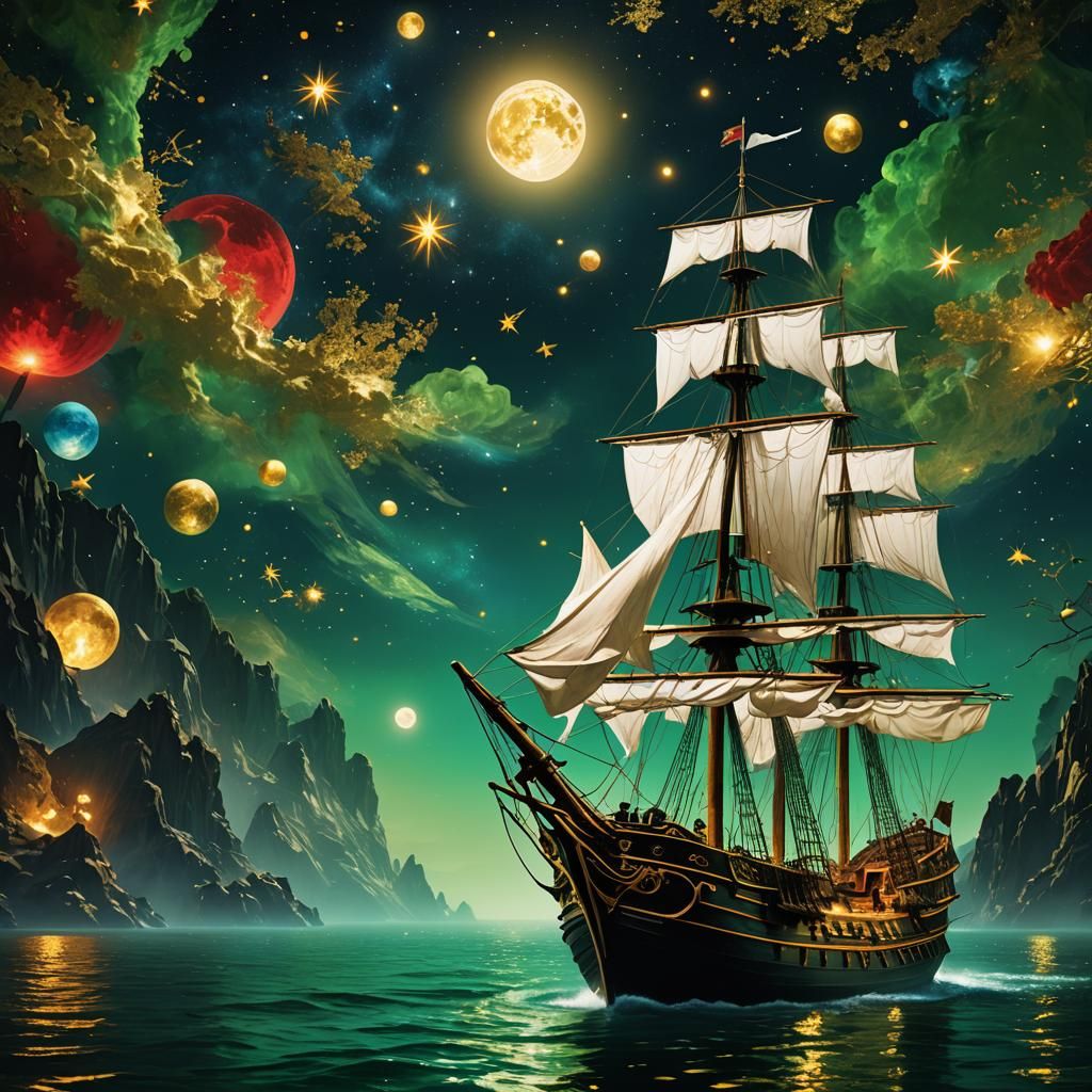 Golden Galleons Under Starlight: Photorealistic Abstract Art