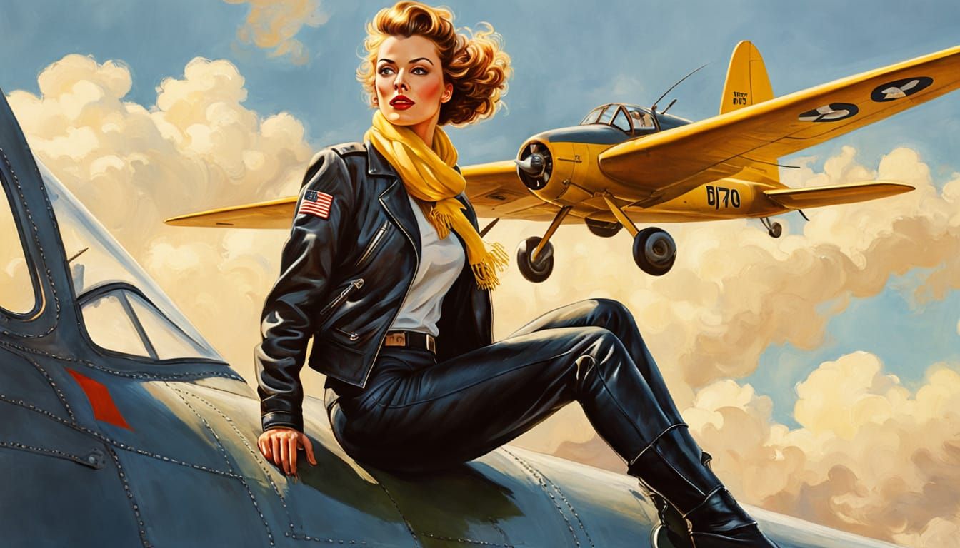 Vintage Pin-Up: Warbird Pilot in Classic Oil Style