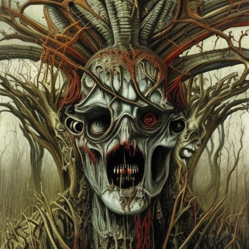 Horrific Demon in Decaying Forest: Giger Meets Art Nouveau