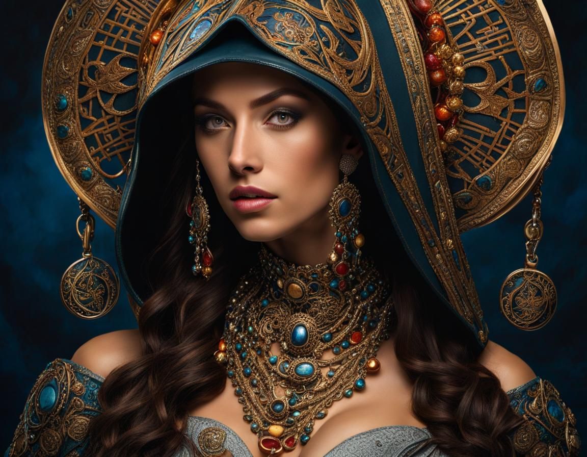 Dark Fantasy Woman with Runic Portal in Maximalist Style