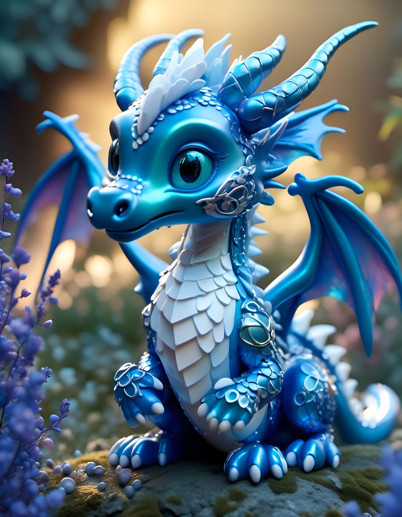 Opalescent Chibi Dragon in a Fantasy Landscape