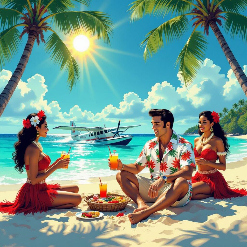Elvis Presley on Tropical Island as Hyperreal Artwork