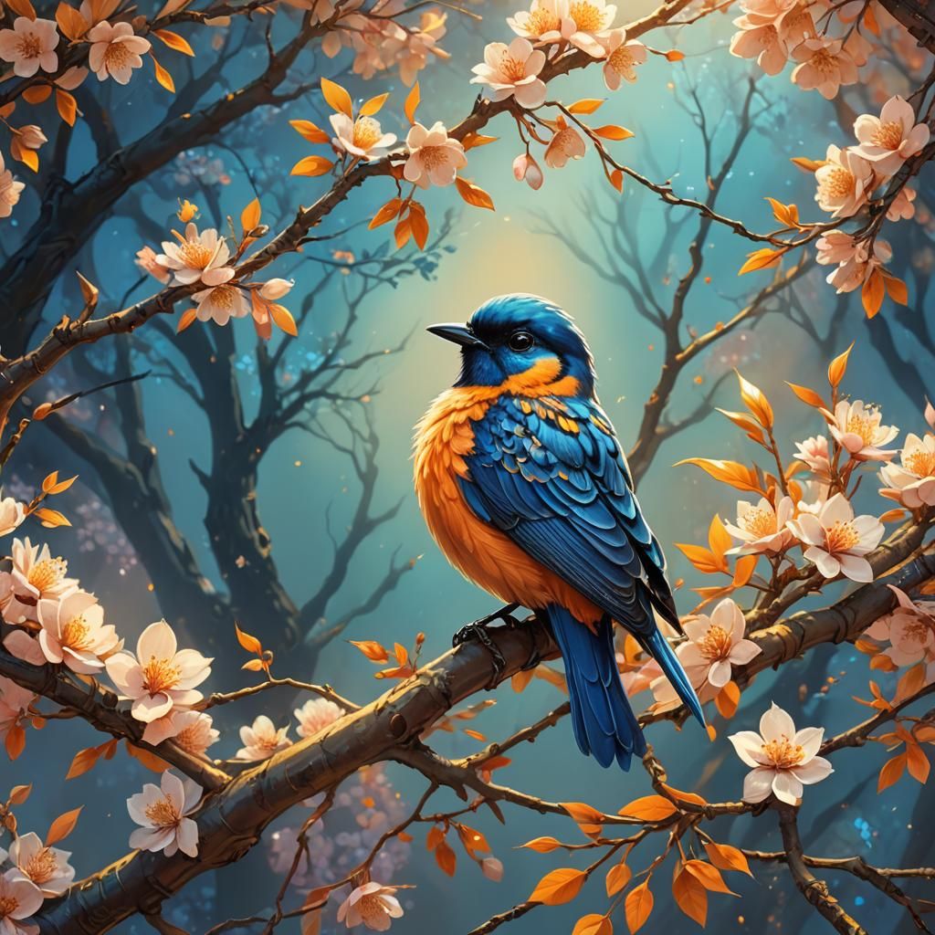 Blossom Tree Bird in Fantasy Art Style