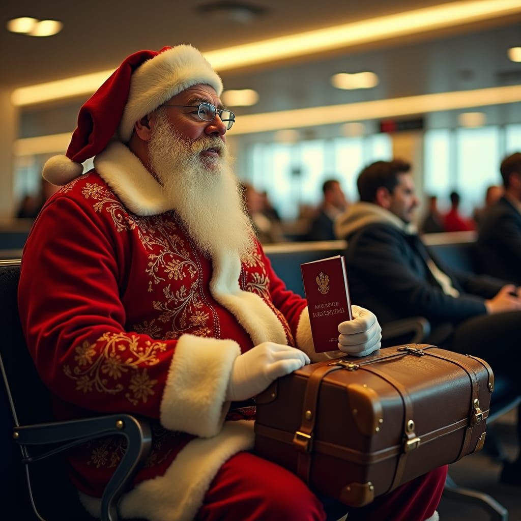 Santa Claus Waits at Airport, Cinematic Lighting