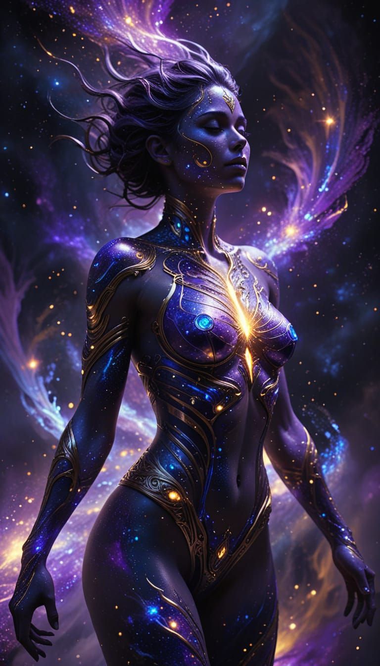 Cosmic Justice Body Mural in Fantasy Illustration Style