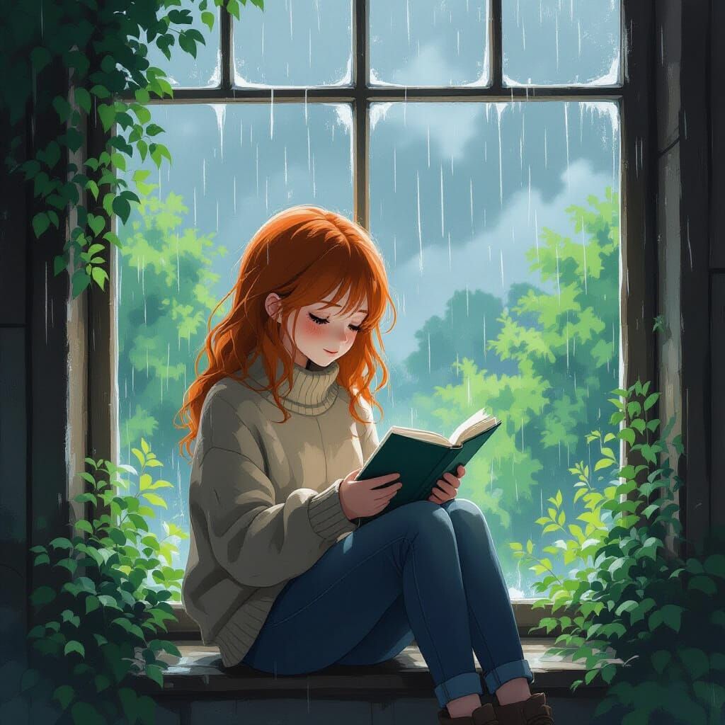 Girl Reading on Rainy Day in Anime Style