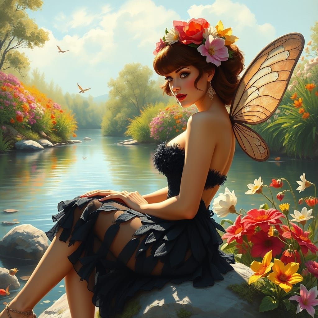 Enchanting Fairy in Elegant Black Gown Poses by Serene River