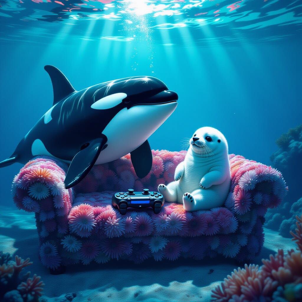 Orca and Seal Play PlayStation 4 Underwater