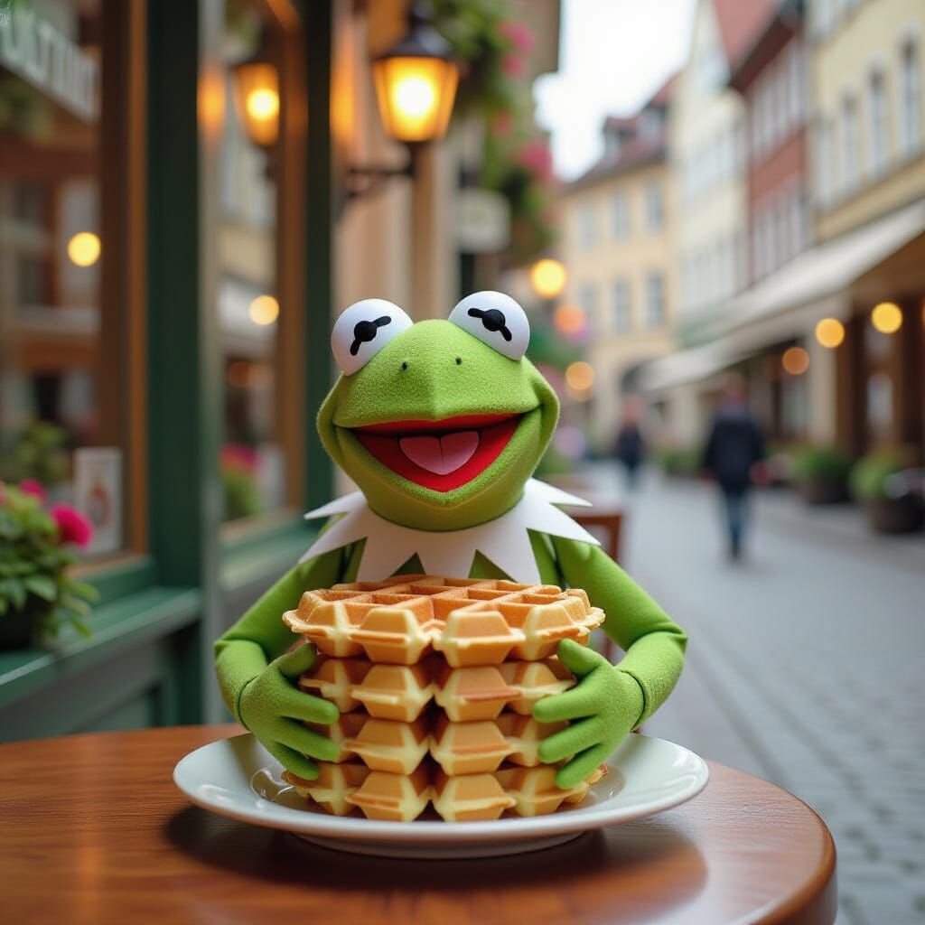 Kermit the Frog Enjoys Waffles at German Cafe in Origami Sty...