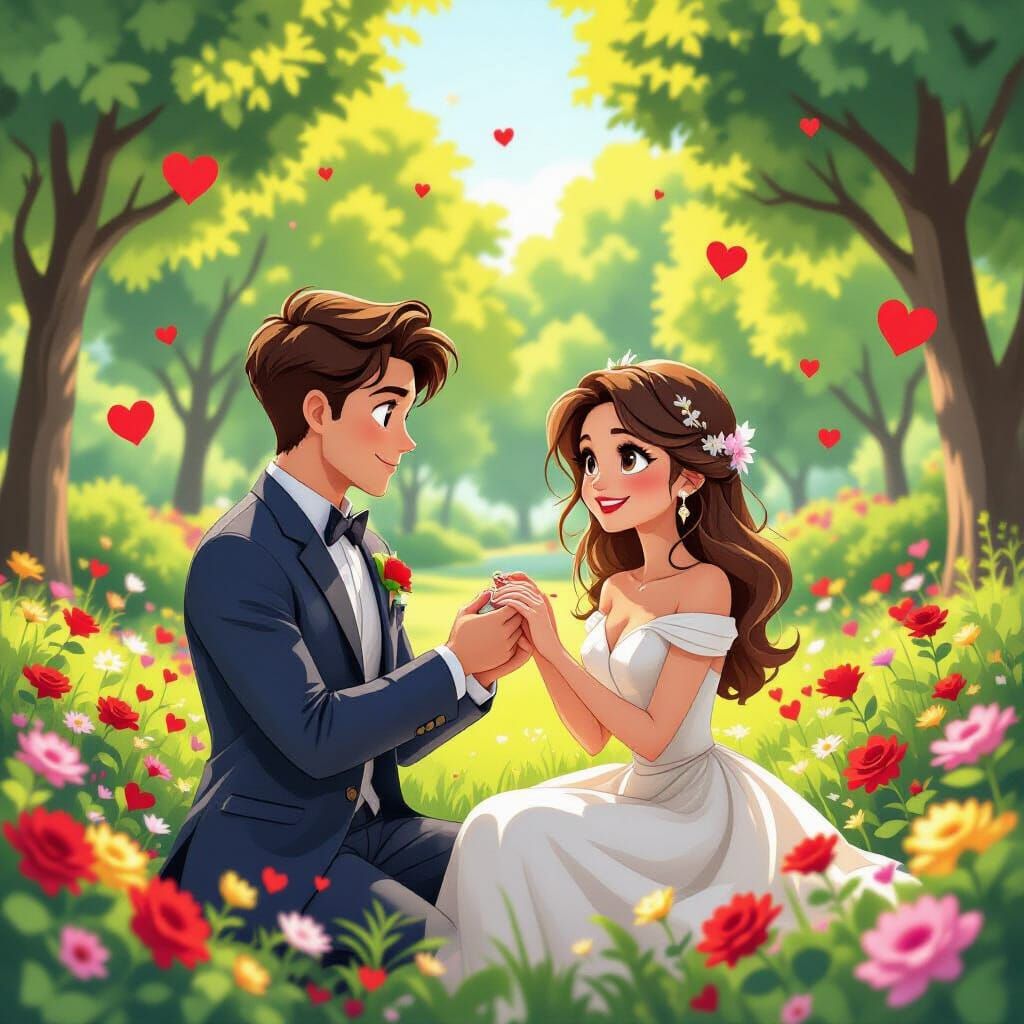 Romantic Proposal in Park, Cartoon Style