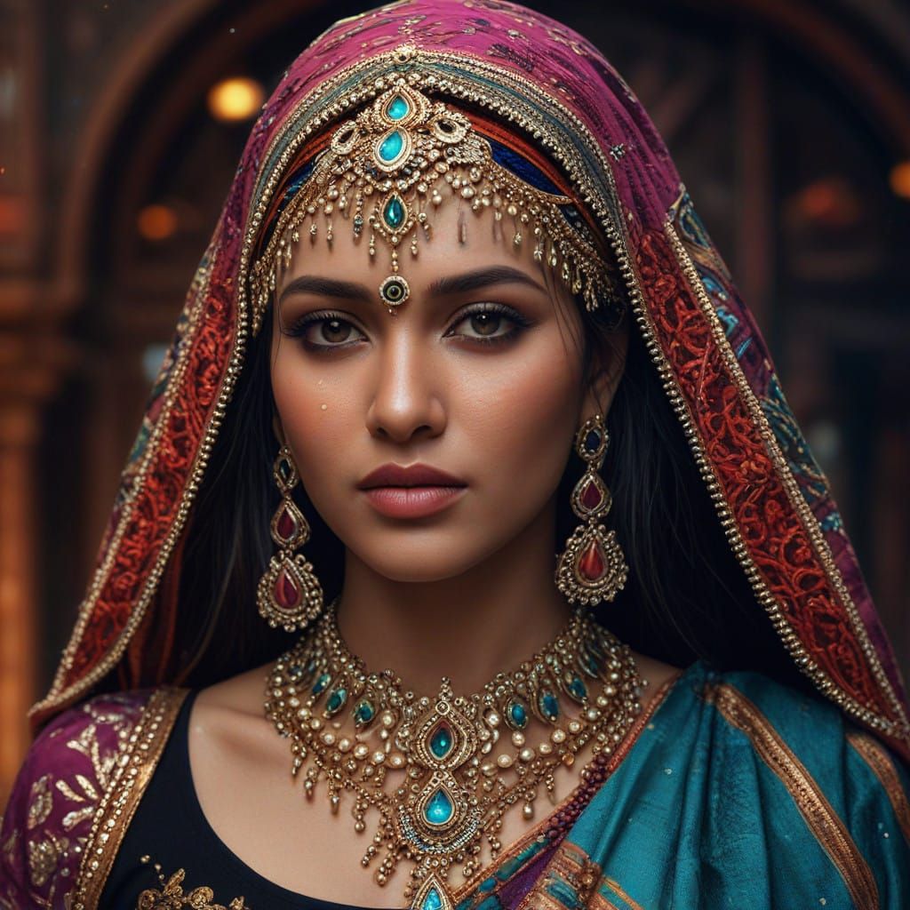 Hyperrealistic portrait of a beautiful Indian woman