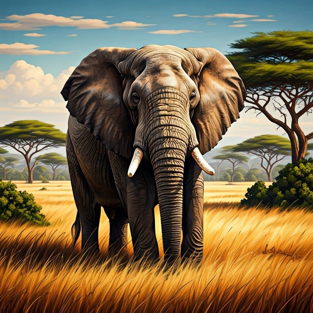 Elephant in Savannah Landscape, Wildlife Art