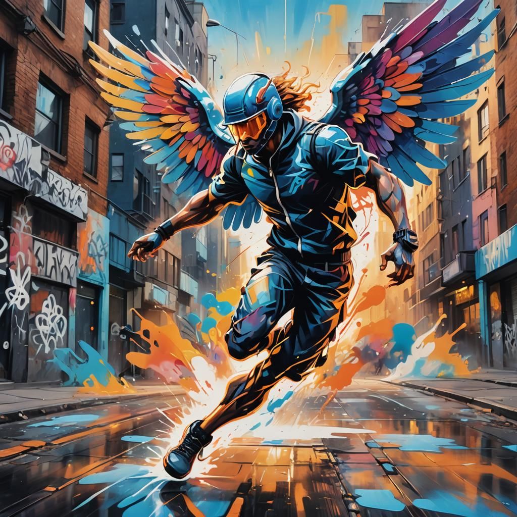 Dynamic Graffiti Art: Winged Figure in Cityscape
