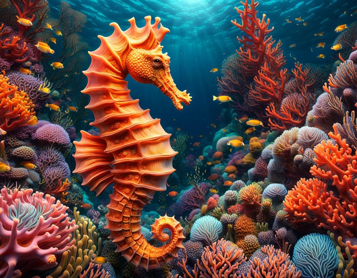 Seahorse in Vibrant Coral Reef: 3D Digital Art