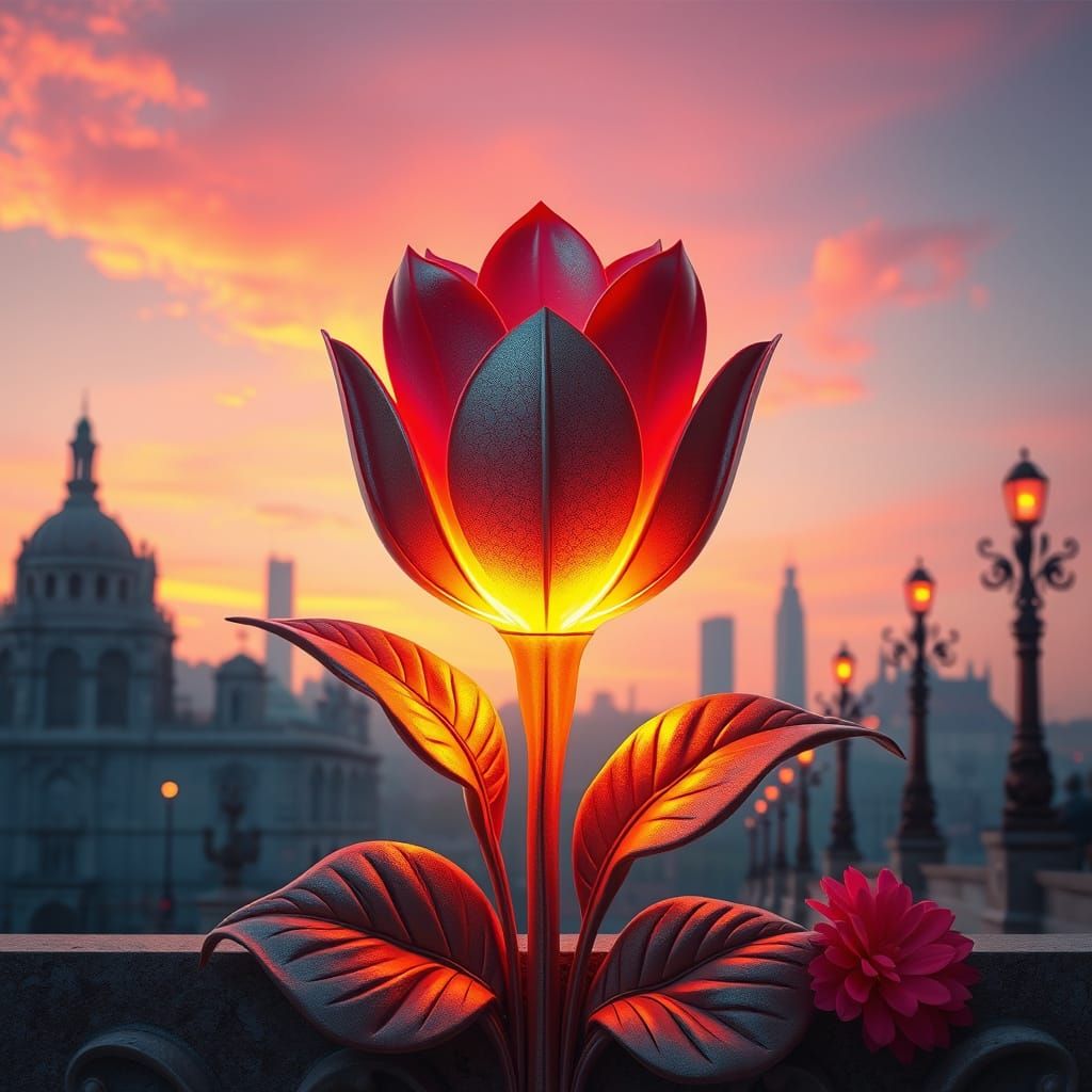Neon Floral Relief Amidst Baroque Cityscape