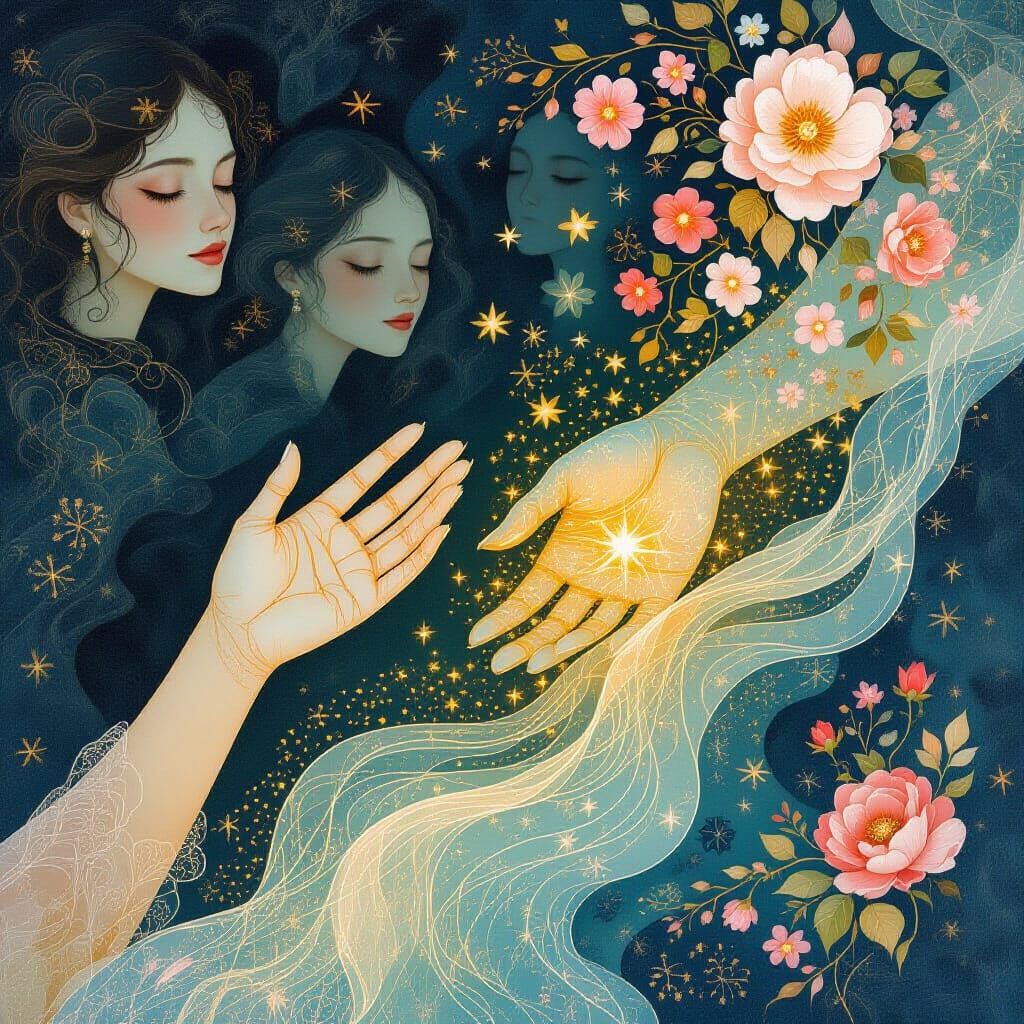 Ethereal Hands Reach Across Dreamscape in Folk Art Style