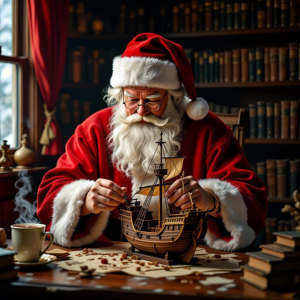 Santa Claus Building Ship in a Bottle Model