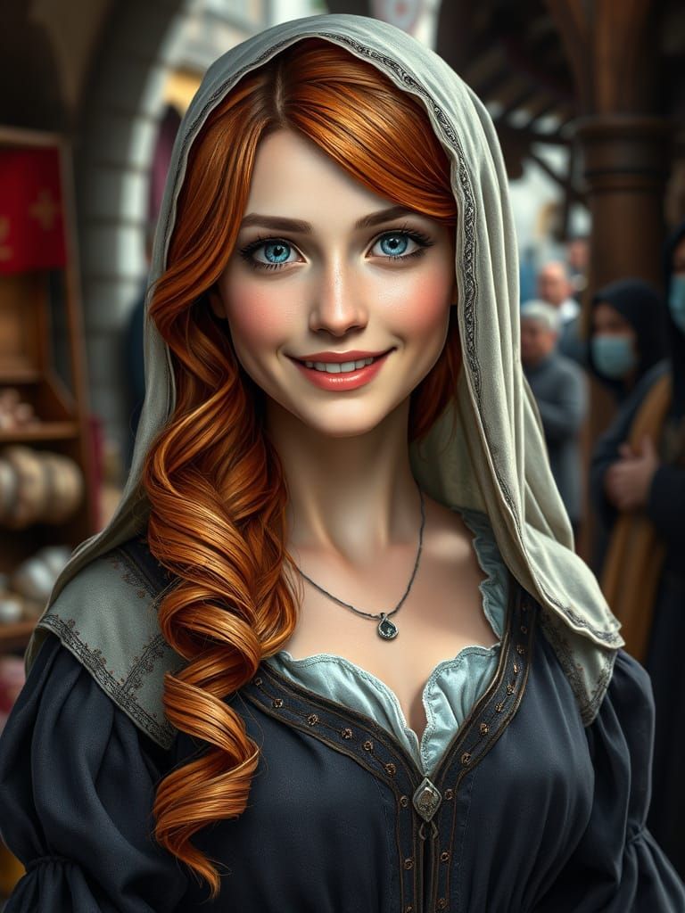 Medieval Maiden in Romania Dress, Shopping in Market Square