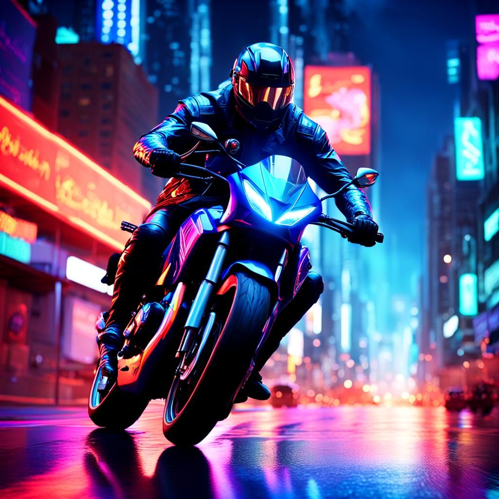 Superhero on Motorbike in Neon Cityscape