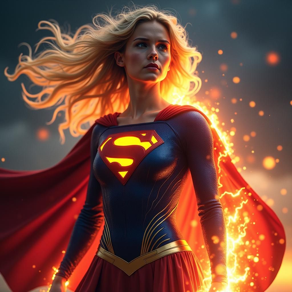 Supergirl in Powerful Pose with Fiery Magic