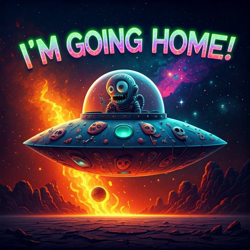 Distraught Alien in UFO with Neon Text